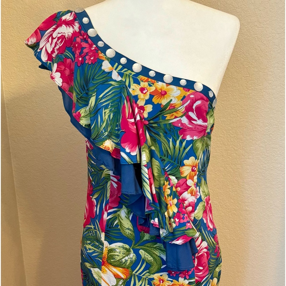 One shoulder tropical print mini dress